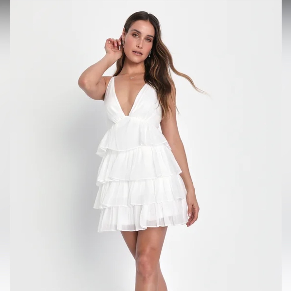 Lulu’s The Party's Tier White Organza Tiered Backless Mini Dress